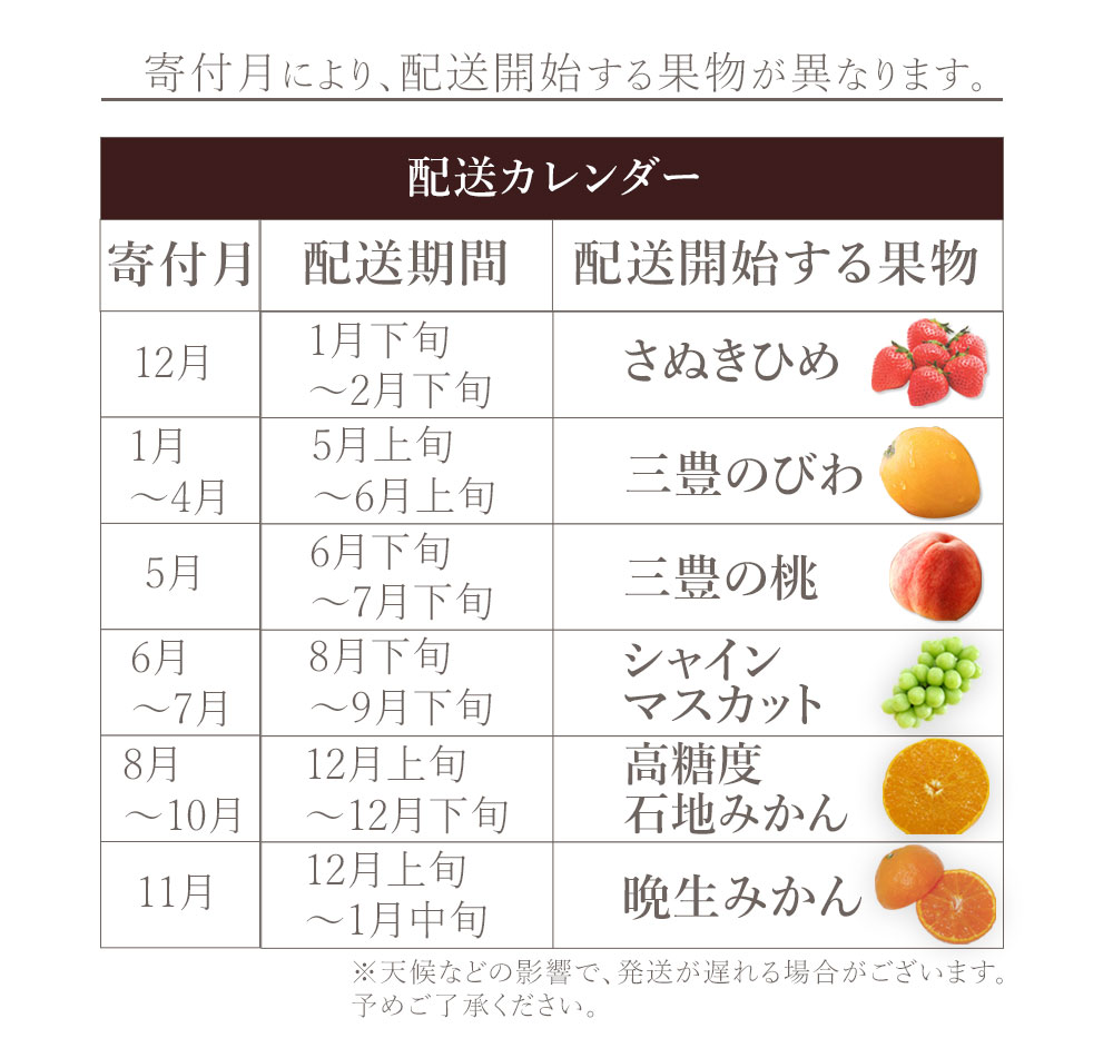 M160-0045_【配送不可地域：北海道・沖縄県・離島】フルーツ定期便 6回 三豊市 三豊の桃 2kg　特大シャインマスカット 800g 晩生みかん　5kg 高糖度石地みかん　5kg さぬきひめ　400g 三豊のびわ 4パック