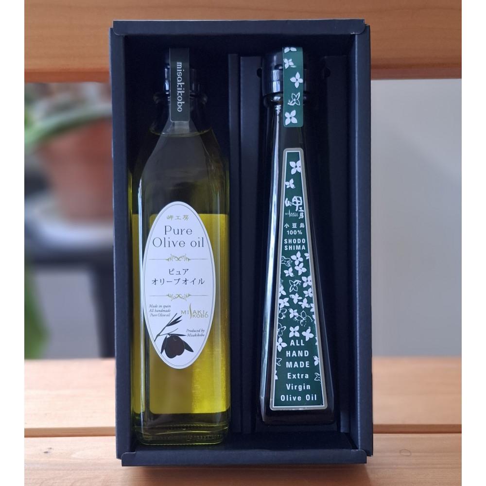 小豆島産エキストラバージンオリーブオイル”ハンドメイド”1本とスペイン産ピュアオリーブオイル1本／ 合計2本セット