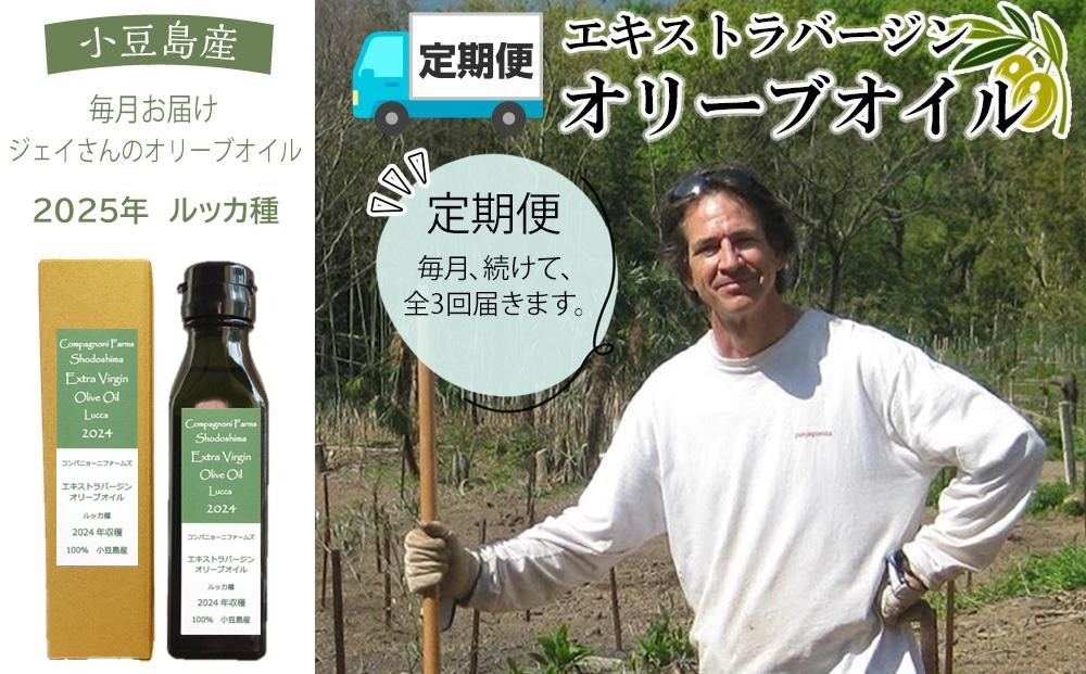 【定期便 全3回】ジェイさんのオリーブオイル《ルッカ種》毎月お届け コンパニョーニファームズ エキストラバージンオイル 2025年収穫 100％小豆島産 手摘み