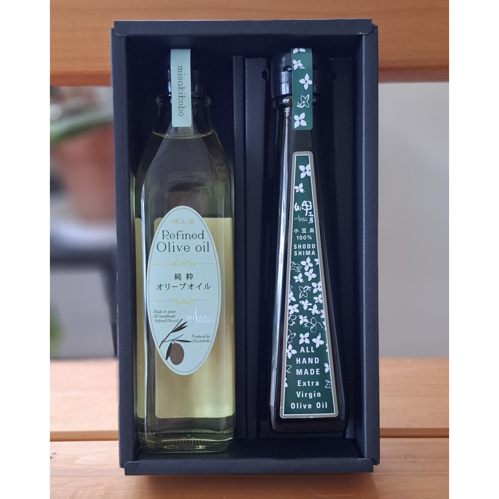 小豆島産エキストラバージンオリーブオイル”ハンドメイド”1本とスペイン産純粋オリーブオイル1本／ 合計2本セット