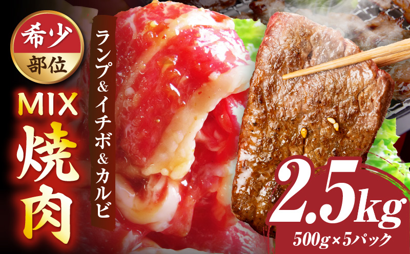 ランプ&イチボ&カルビ　希少部位　MIX焼肉　2.5kg(500g×5)秘伝のタレ漬け| 肉 牛肉 タレ 漬け 秘伝 味付き ソース ランプ カルビ イチボ 冷凍 BBQ バーベキュー 香川県 三木町 国産 カット 希少 国産牛 ジューシー おすすめ |_mk146-206