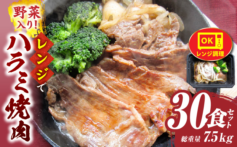 レンジで簡単ハラミ焼肉　250g×30食セット　(総重量7.5kg)野菜入り| 牛肉 焼肉 野菜 ブロッコリー 玉ねぎ 柔らかい 味付き やきにく ハラミ 冷凍 香川県 三木町 国産 おすすめ |_mk146-240