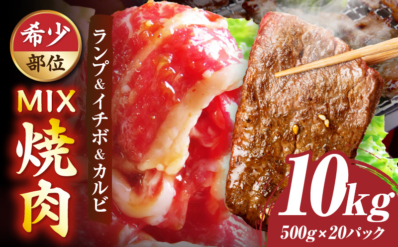 ランプ&イチボ&カルビ　希少部位　MIX焼肉　10kg(500g×20)秘伝のタレ漬け| 肉 牛肉 タレ 漬け 秘伝 味付き ソース ランプ カルビ イチボ 冷凍 BBQ バーベキュー 香川県 三木町 国産 カット 希少 国産牛 ジューシー おすすめ |_mk146-208