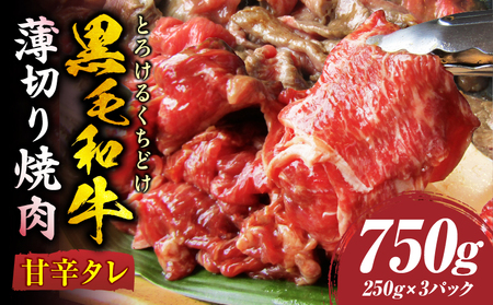とろける黒毛和牛リッチな薄切り焼肉750g(250g×3P)　秘伝のタレ漬け|肉 黒毛和牛 焼肉 タレ 漬け 秘伝 柔らかい 味付き やきにく ロース 肩ロース サーロイン カルビ モモ 薄切り 希少 小分け 冷凍 BBQ バーベキュー 香川県 三木町|_mk146-019