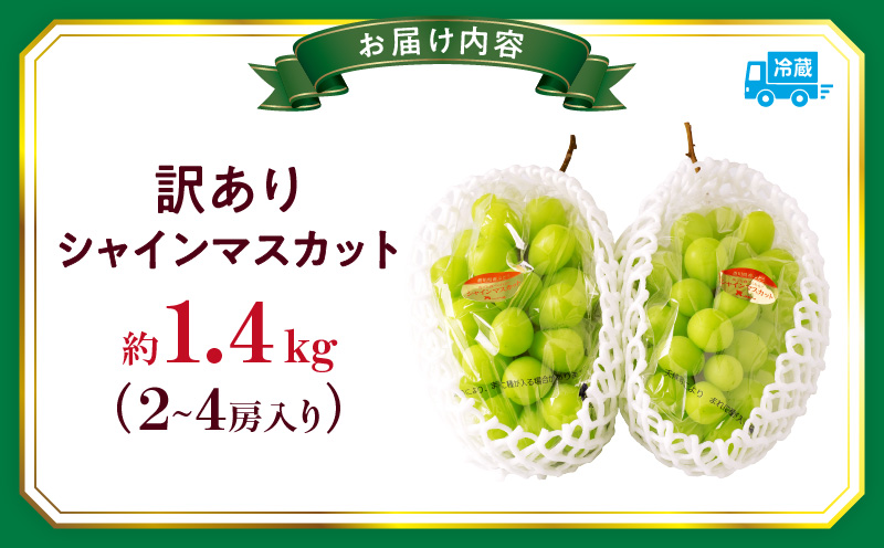 【2026年8月18日～10月20日配送】訳ありシャインマスカット 約1.4kg入り　2～4房|訳あり マスカット ぶどう ブドウ 葡萄 果物 フルーツ 人気 香川 香川県 三木町 種なし 皮ごと食べられる ジューシー 糖度が高い 先行受付 先行予約 季節限定 旬 おすすめ|_mk006-049-2