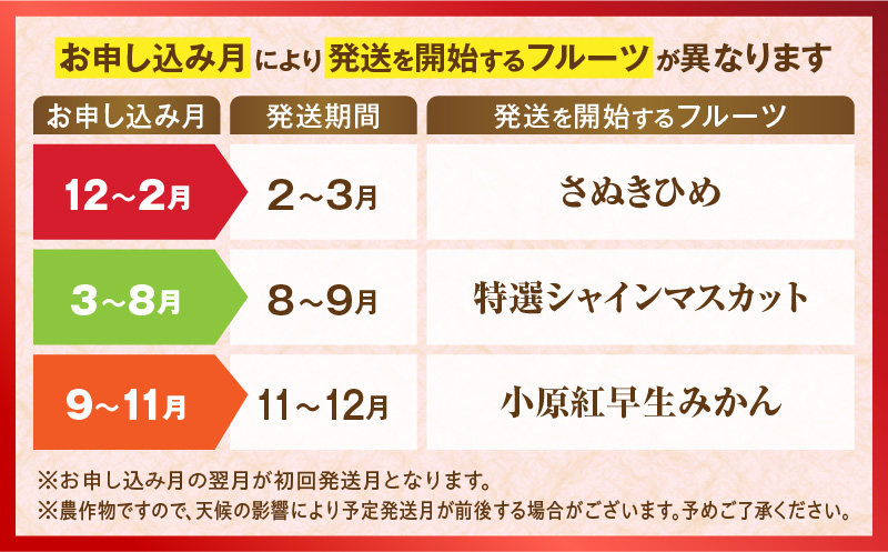さぬき旬のフルーツ満足 3回定期便 | フルーツ定期便 果物 フルーツ 青果 青果物 いちご みかん シャインマスカット さぬきひめ 小原紅早生みかん マスカット 旬の果物 季節の果物 贈答 贈り物 ギフト 化粧箱 取り寄せ 香川県 三木町 送料無料 |_mk006-t013