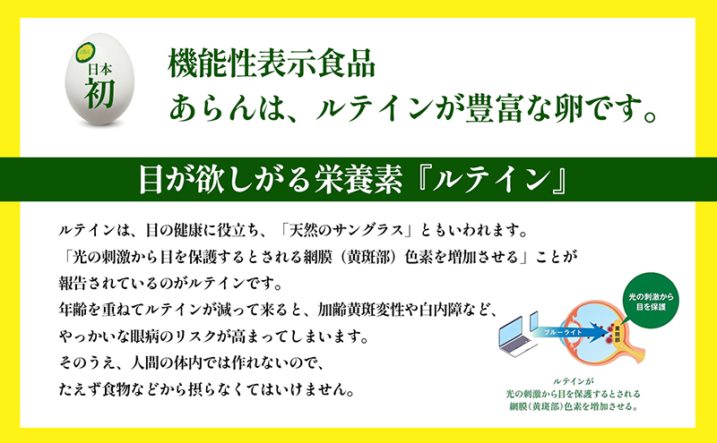 光の刺激から目を守る　ルテイン含有卵　機能性表示食品「あらん」 栄養 健康 見える 改善 色鮮やか 吸収 サプリメント くせがない 生鮮食品 ぼやけて見える 