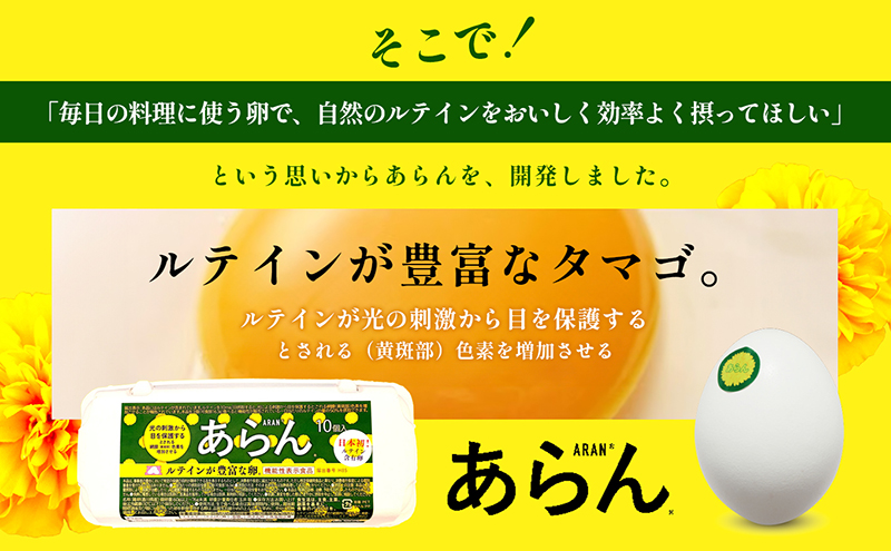 光の刺激から目を守る　ルテイン含有卵　機能性表示食品「あらん」 栄養 健康 見える 改善 色鮮やか 吸収 サプリメント くせがない 生鮮食品 ぼやけて見える 