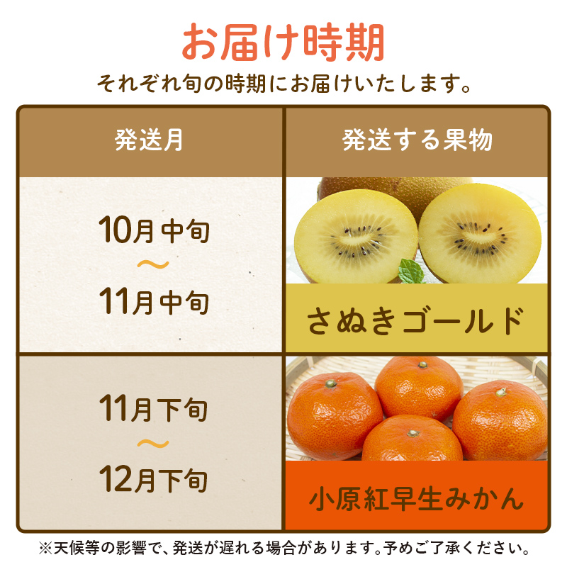 【フルーツ定期便 2回】 《さぬきゴールドからスタート》 Jセット さぬきゴールド 約2.7kg 小原紅早生みかん 約4.5kg キウイ キウイフルーツ みかん 柑橘 旬 果物 国産 香川県 フルーツ定期便 F5J-788