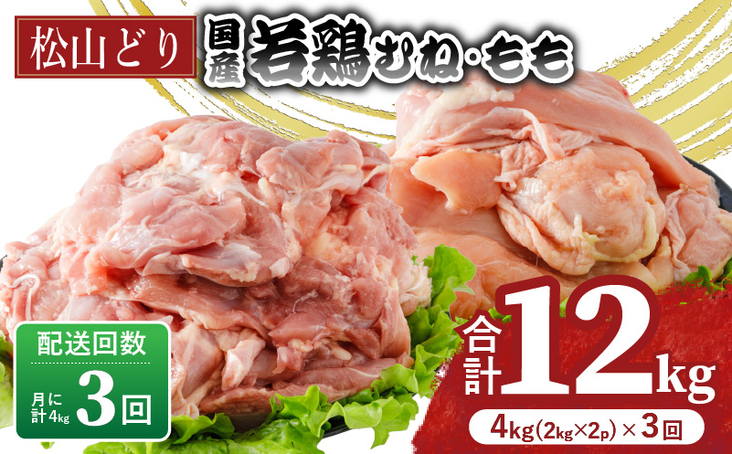 【定期便3回】松山どり むね 2kg×1パック もも肉 2kg×1パック ×3回 計12kg| 定期便 国産 鶏肉 小分け 若鶏 冷凍 愛媛県 松山市 株式会社ビージョイ