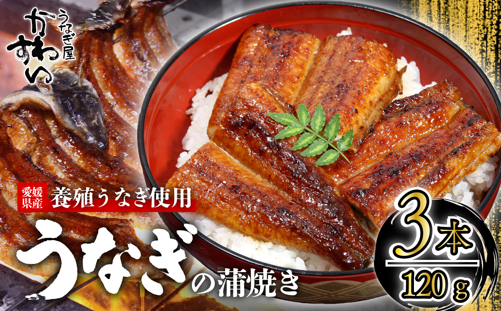 〈うなぎ屋かわすい〉愛媛県松山市養殖うなぎを使用！うなぎ蒲焼 3本 (1尾：120〜149g) ｜うなぎ ウナギ 鰻 蒲焼き 国産 お取り寄せ グルメ ふるさと納税 簡単調理 土用丑の日 ギフト 贈り物 お中元 お歳暮 母の日 父の日 かわすい 川口水産 愛媛県 松山市