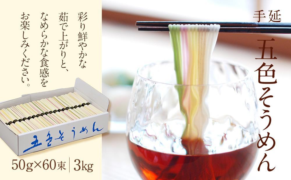 手延べ そうめん 素麺 3kg ( 50g×60束 ) 小分け カラフル 色付き 五色そうめん 素麺 麺 乾麺 五色素麺 ソーメン 常温 長期保存可 愛媛県 松山市