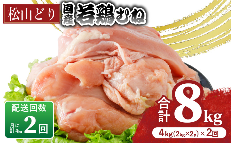 【定期便2回】松山どり むね肉 2kg×2パック×2回 計8kg | 定期便 国産 鶏肉 小分け 若鶏 冷凍 愛媛県 松山市 株式会社ビージョイ