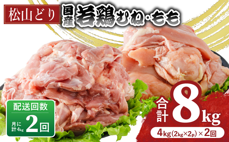 【定期便2回】松山どり むね 2kg×1パック もも肉 2kg×1パック ×2回 計8kg| 定期便 国産 鶏肉 小分け 若鶏 冷凍 愛媛県 松山市 株式会社ビージョイ