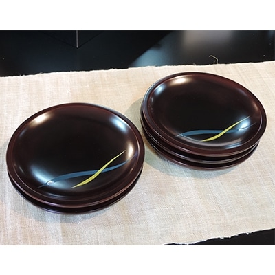 ( 桜井漆器 ) 溜 ケーキ皿 二色ライン 5客 【VE00450】【1020836】