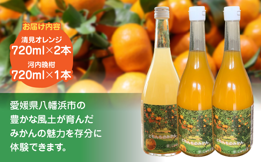 飲み比べセット清見オレンジ100%ジュース720ml×2河内晩柑100%ジュース720ml×1【91-5】 ふるさと納税 オレンジ みかん  ジュース 産地直送 愛媛県 八幡浜市 送料無料 YWTB005