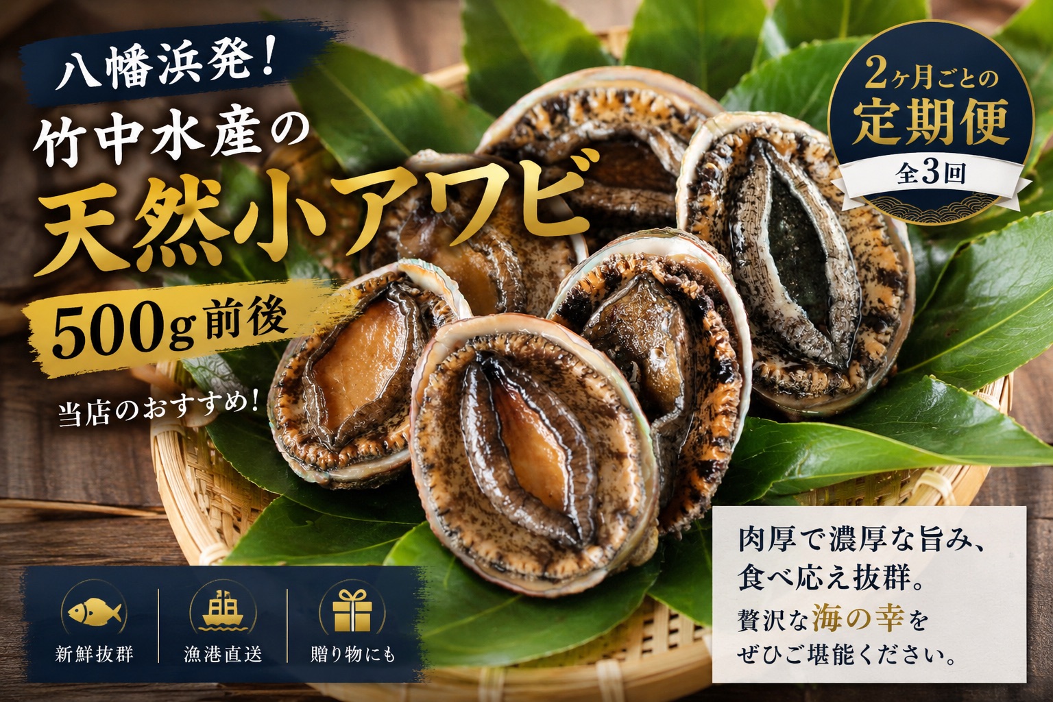 【2ヵ月毎定期便】隔月で八幡浜発、竹中水産天然小アワビ500g前後【H22-286】全3回【配送不可地域：離島・北海道・沖縄県】【4076447】 YWTM104