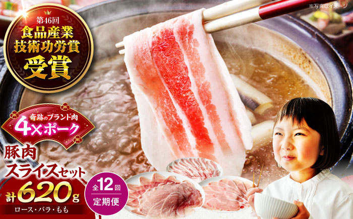 【全12回定期便】【冷凍】【4Xポーク】 豚肉 ポークスライスセット 620g （ロース150g、バラ170g、もも300ｇ） 豚肉 スライス 小分け 肉 ぶたにく 愛媛県大洲市/株式会社SL Creations [AGCY012] お正月 クリスマス