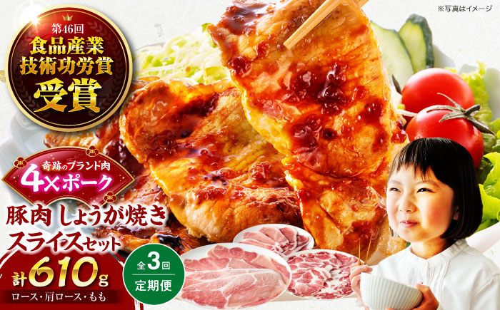 【全3回定期便】【冷凍】【4Xポーク】 豚肉 しょうが焼き用スライスセット 610g（ロース170g、肩ロース190g、もも250g）　豚肉 スライス 小分け 肉 ぶたにく  愛媛県大洲市/株式会社SL Creations [AGCY007] お正月 クリスマス