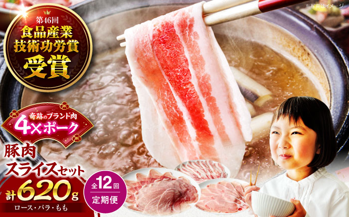 【全12回定期便】【冷凍】【4Xポーク】 豚肉 ポークスライスセット 620g （ロース150g、バラ170g、もも300ｇ）　豚肉 切り落とし 小分け 肉 ぶたにく 愛媛県大洲市/株式会社SL Creations [AGCY012]