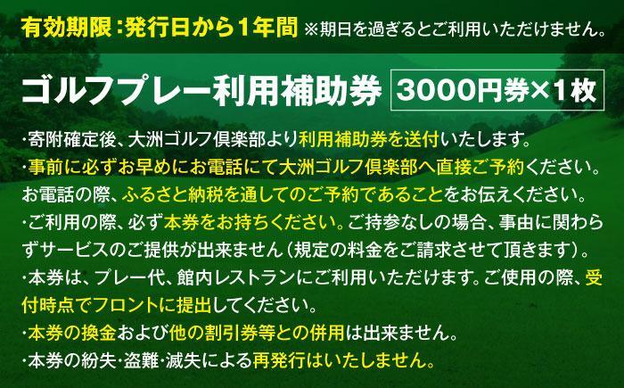大洲ゴルフ倶楽部 ゴルフプレー利用補助券 3000円券×1枚 愛媛県大洲市/大洲観光株式会社 | ゴルフ場 プレー プレー券 旅行 体験 [AGDI002]