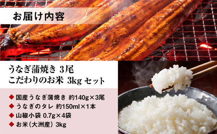 国産うなぎ！秘伝のタレで焼き上げた「うなぎ蒲焼き 3尾」と地元生産者こだわりの「お米 3kg」セット　愛媛県大洲市/有限会社 樽井旅館 [AGAH005]鰻 うな重 ひつまぶし 土用の丑の日 鰻重 ウナギ うな丼 鰻丼うなぎ丼 お米 お米 おにぎり 白米 ごはん ご飯 白ごはん