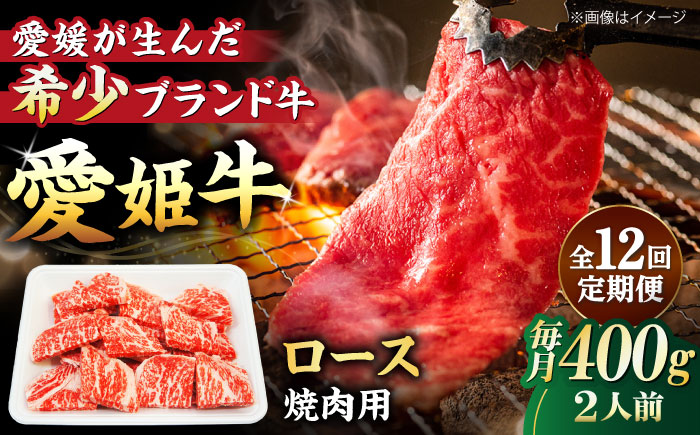 【全12回定期便】上質なサシと赤身のうまみ！希少な国産ブランド牛！愛姫牛ロース 焼肉用400g（2人前）牛肉 定期便 ステーキ お肉 国産肉 焼肉 送料無料 愛媛県大洲市/有限会社 木村屋精肉店 [AGCC051]