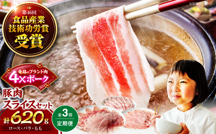 【全3回定期便】【冷凍】【4Xポーク】 豚肉 ポークスライスセット 620g （ロース150g、バラ170g、もも300ｇ）　豚肉 スライス 小分け 肉 ぶたにく 愛媛県大洲市/株式会社SL Creations [AGCY010] お正月 クリスマス