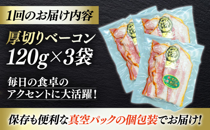 【全3回定期便】秒でプラスもう一品！ブランドポーク『オズの箱入り娘』使用！厚切りベーコンスライス×3ケ 合計360g 豚肉 小分け ベーコン プレゼント ギフト 愛媛県大洲市/株式会社オズメッセ [AGAZ025]