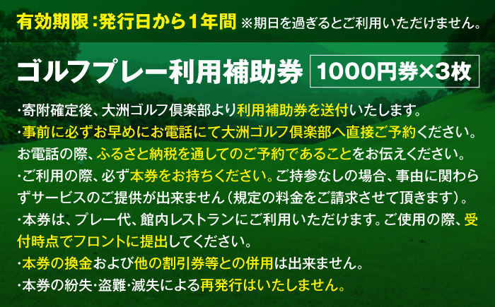 大洲ゴルフ倶楽部 ゴルフプレー利用補助券 1000円券×3枚 愛媛県大洲市/大洲観光株式会社 | ゴルフ場 プレー プレー券 旅行 体験 [AGDI001]