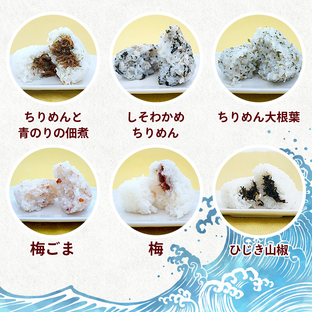 ＜【6回定期便】漁師の朝めし 9種おむすびセット 合計18個（各2個）＞ 定期便 詰合せ おにぎり お米 こめ ちりめん 山椒 生姜 青のり つくだ煮 しそわかめ 大根葉 梅ごま ひじき 網元・祇園丸 愛媛県 西予市