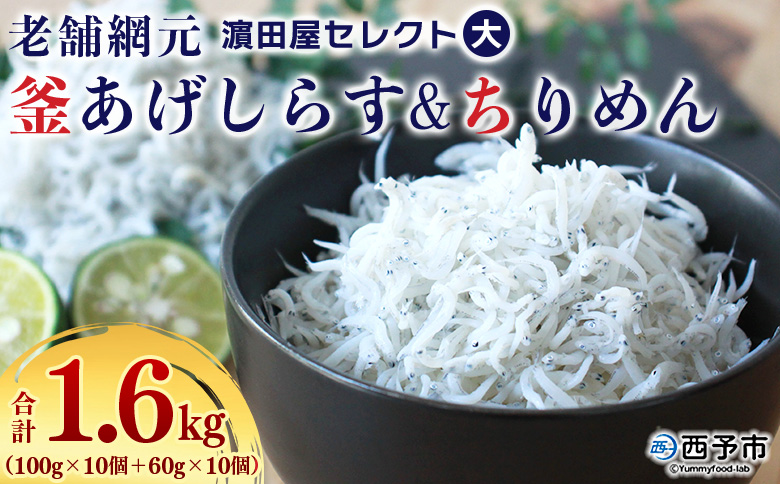 ＜老舗網元 濵田屋セレクト大 釜あげしらす(100g×10個)＆ちりめん(60g×10個) 合計1.6kg＞ 釜揚げ シラス じゃこ 詰め合わせ セット 海鮮 海産物 丼 おにぎり 具材 ご飯 おつまみ おやつ 小魚 乾物 国産 マルヨシ水産 特産品 愛媛県 西予市