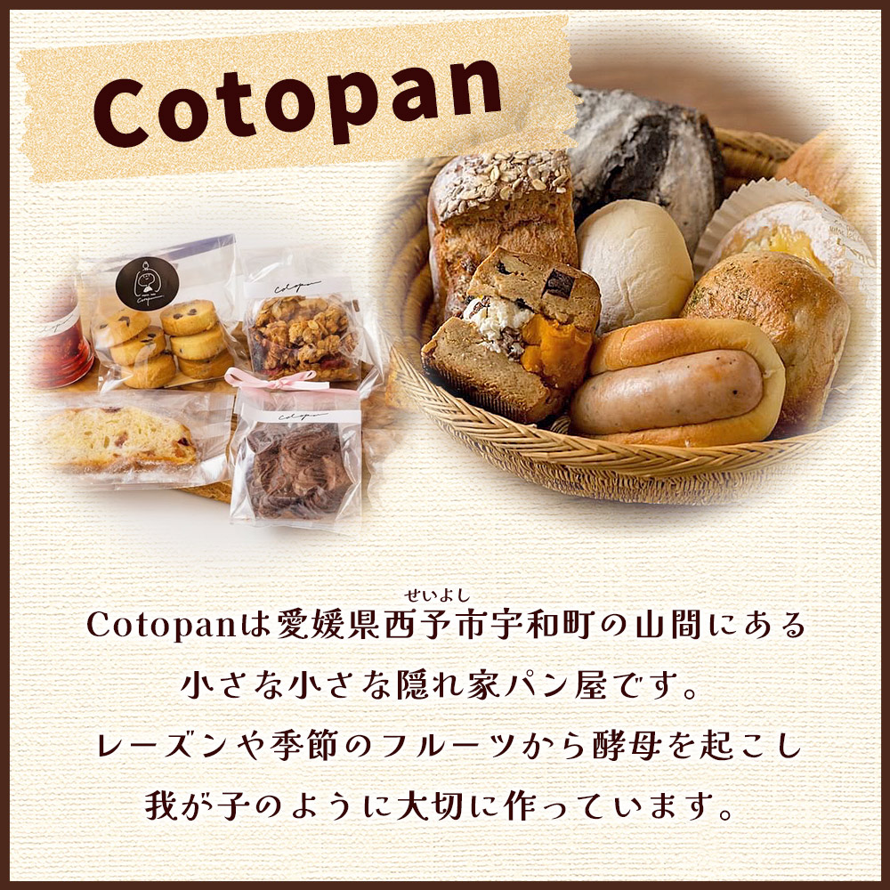 ＜Cotopanおまかせパンセット（8～9個）＞ 天然酵母 国産 ハード系 スイーツ モーニング 低温長時間発酵 パン お楽しみ 自家製酵母 詰め合わせ コトパン 愛媛県 西予市