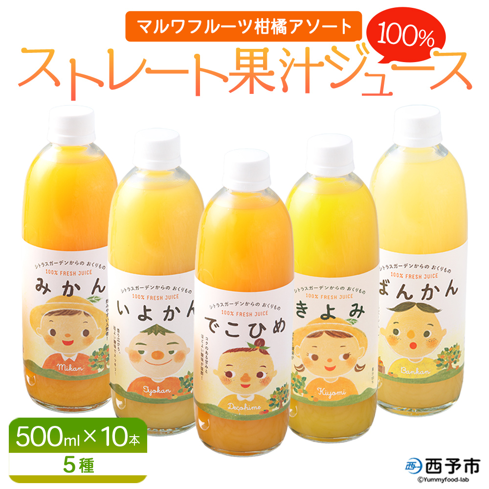 ＜マルワフルーツ柑橘アソート 100％ストレート果汁ジュース (500ml×10本) ＞ 詰め合わせ セット みかん 柑橘 フルーツ 温州みかん 伊予柑 清見 デコヒメ 河内晩柑 特産品 宇都宮物産 愛媛県 西予市