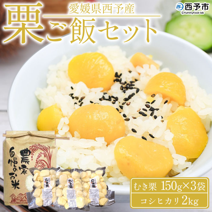 ＜愛媛県西予市産 栗ご飯セット（むき栗 150g×3袋・コシヒカリ 2kg）＞ クリ 和栗 米 くりごはん 秋の味覚 愛媛県 西予市