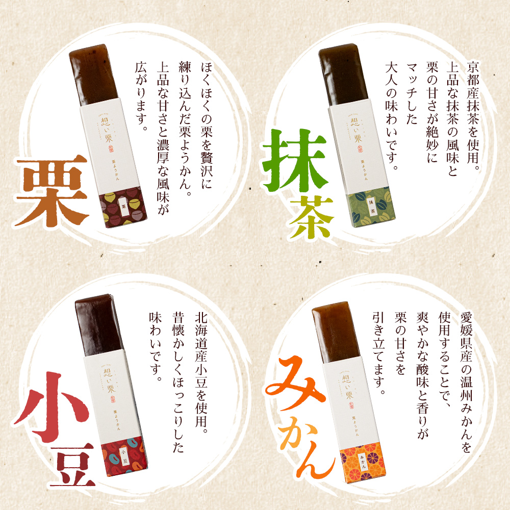 ＜想い栗 栗ようかん 6種セット 合計12個入り＞ 栗 くり クリ 羊羹 くりようかん 栗羊羹 栗 6種類 スイーツ おやつ お菓子 和菓子 食べやすい セット 詰合せ プレゼント 贈り物 贈答 城川ファクトリー 愛媛県 西予市