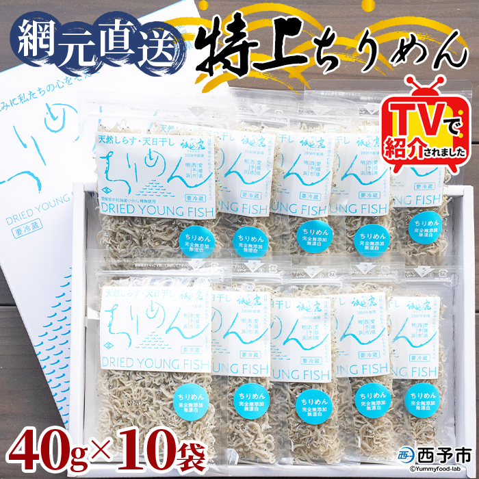 ＜天日干し 特上ちりめん 合計400g（40g×10袋）ギフト箱入り＞ テレビ TV じゃこ しらす 小魚 さかな ごはんのお供 贈答 贈り物 御礼 お礼 小分け 海鮮 海産物 おつまみ おやつ 産地直送 網元・祇園丸 愛媛県 西予市