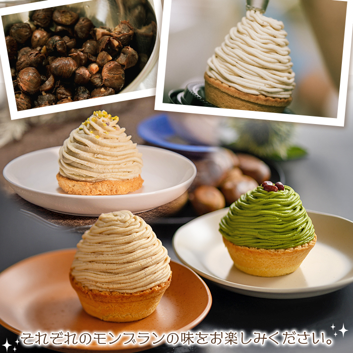 ＜城川オリジナルモンブラン3種セット 合計6個（各種2個入）＞ マロン 抹茶 ケーキ 和栗ペースト 渋皮煮 チーズアパレイユ 粒あん 小豆 スポンジケーキ タルト ダックワーズ メニークエスト 愛媛県 西予市