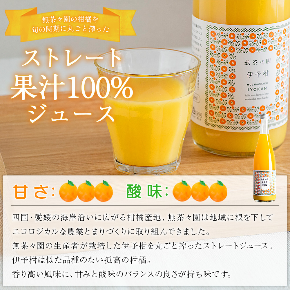 ＜無茶々園の伊予柑ジュース 720ml×4本＞ 柑橘 果物 オレンジ フルーツ ストレート 果汁100% 伊予柑 いよかん イヨカン 丸ごと 甘み 甘味 酸味 バランスがいい 飲んで応援 特産品 無茶々園 愛媛県 西予市
