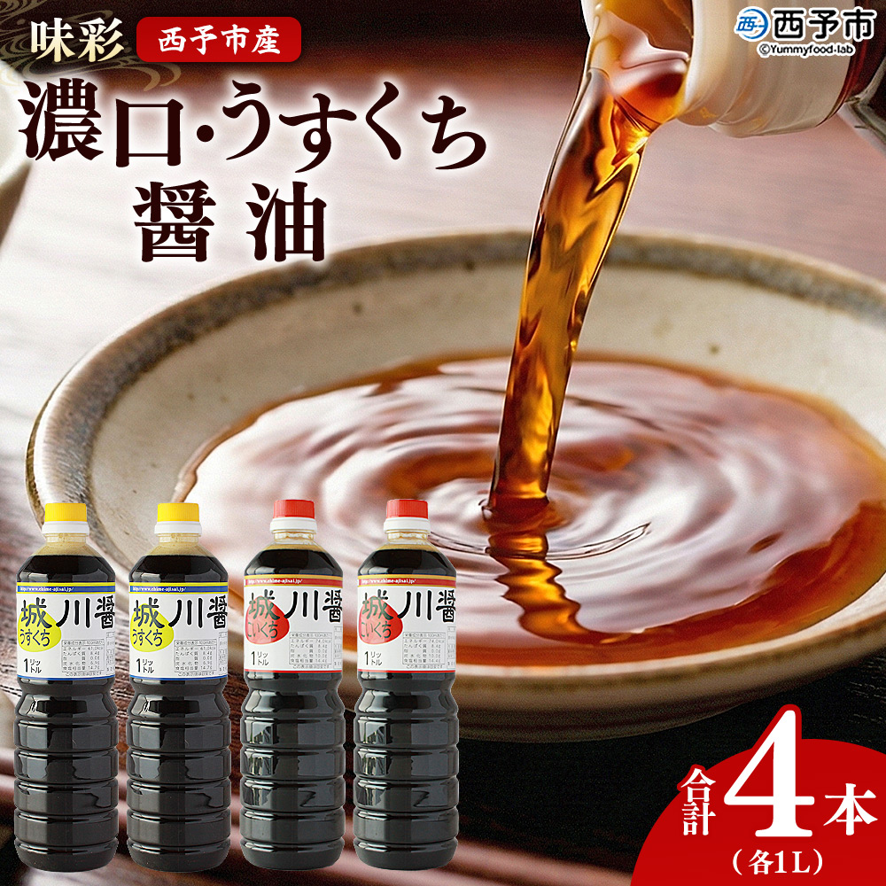 ＜濃口・うすくち醤油 4本セット 1リットル×各2本＞ JAS規格品 甘口 こいくち 淡口 薄口 混合 詰め合わせ 刺身 煮つけ 冷奴 ダシ醤油 コク出し 隠し味 調味料 株式会社味彩 愛媛県 西予市【常温】『1か月以内に順次出荷』