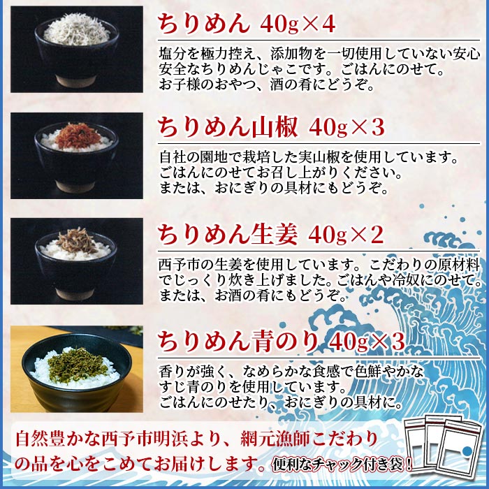 ＜天日干し ちりめん＆佃煮3種 詰め合わせ 合計12袋セット ギフト箱入り＞しらす じゃこ つくだに 無添加 実山椒 生姜 青のり 食べ比べ 愛媛県 西予市