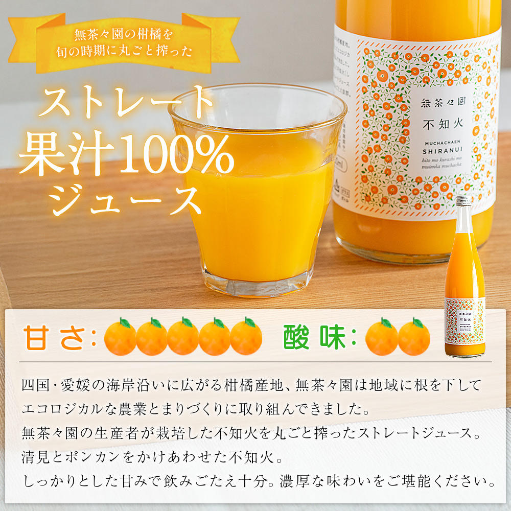 ＜無茶々園の不知火ジュース 720ml×4本＞ 柑橘 果物 オレンジ フルーツ ストレート 果汁100% 不知火 しらぬい シラヌイ 丸ごと しっかりした甘み 甘味 濃厚 飲みごたえ 飲んで応援 特産品 無茶々園 愛媛県 西予市