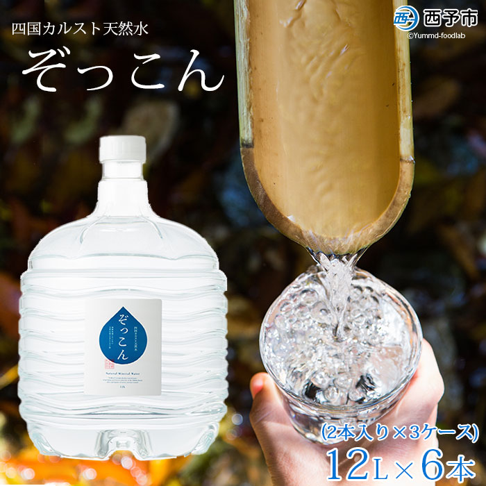 ＜四国カルスト天然水ぞっこん (12L×2本)×3ケース 計6本＞ 飲料 水 みず 中硬水 弱アルカリイオン水 ガロンボトル ウォーター バナジウム 備蓄 防災 キャンプ アウトドア 国産 特産品 ぞっこん四国 愛媛県 西予市