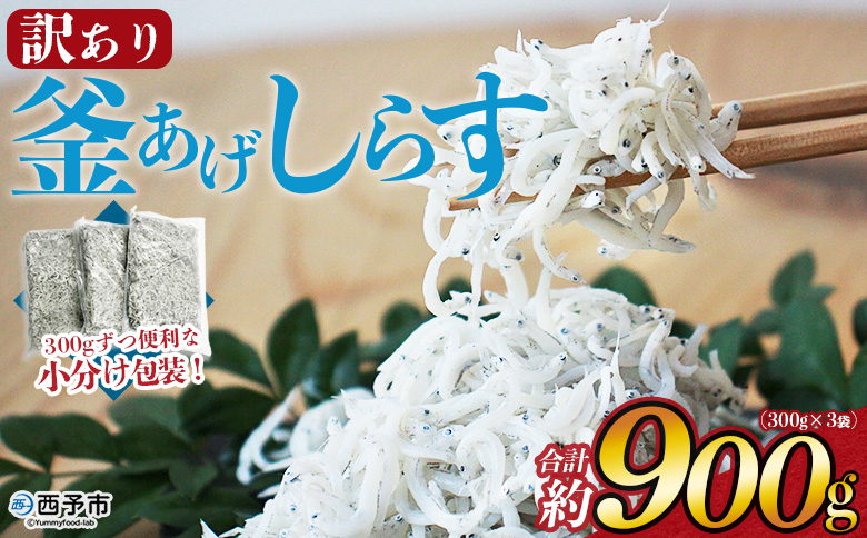 ＜老舗網元 訳あり釜揚げしらす 合計約900g（300g×3袋）＞『1か月以内に順次出荷予定』 かまあげ シラス じゃこ 海鮮 海産物 丼 小魚 乾物 小分け 小分けパック 便利 カルシウム 国産 特産品 マルヨシ水産 愛媛県 西予市【冷凍】