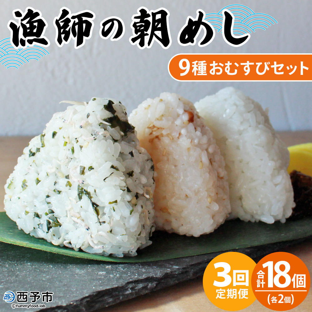 ＜【3回定期便】漁師の朝めし 9種おむすびセット 合計18個（各2個）＞ 定期便 詰合せ おにぎり お米 こめ ちりめん 山椒 生姜 青のり つくだ煮 しそわかめ 大根葉 梅ごま ひじき 網元・祇園丸 愛媛県 西予市