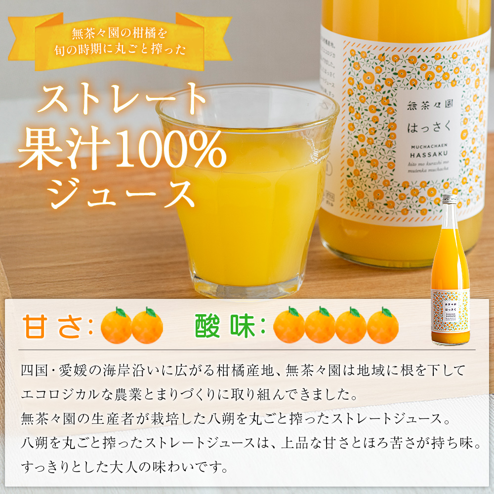 ＜無茶々園の八朔ジュース 720ml×4本＞ 柑橘 果物 オレンジ フルーツ ストレート 果汁100% 八朔 はっさく ハッサク 丸ごと 上品な甘さ ほろ苦さ すっきり 飲んで応援 特産品 無茶々園 愛媛県 西予市