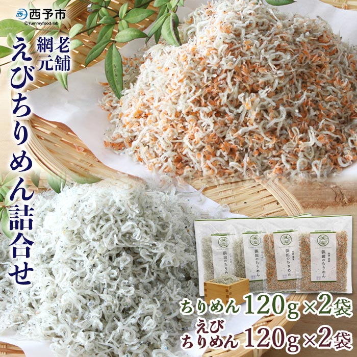 ＜老舗網元 えびちりめん詰め合わせ 計480g(ちりめん120g×2袋 えびちりめん120g×2袋)＞ かたくちいわし カタクチイワシ 小魚 のし対応可 お祝い 贈答 カルシウム 乾物 小分け 国産 マルヨシ水産 特産品 愛媛県 西予市