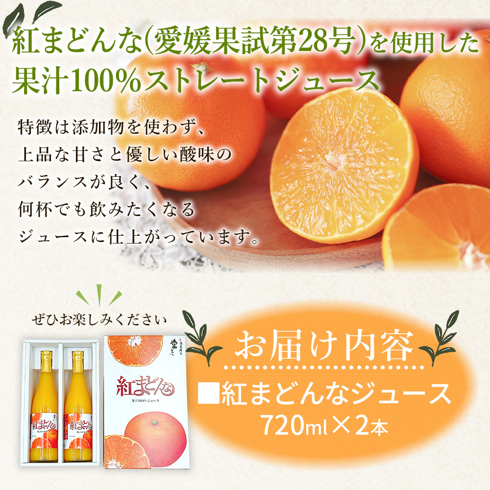 ＜紅まどんなジュース 720ml×2本＞ みかん 紅マドンナ 愛媛果試第28号 オレンジ 果物 ストレートジュース 果汁100％ 愛媛県 西予市