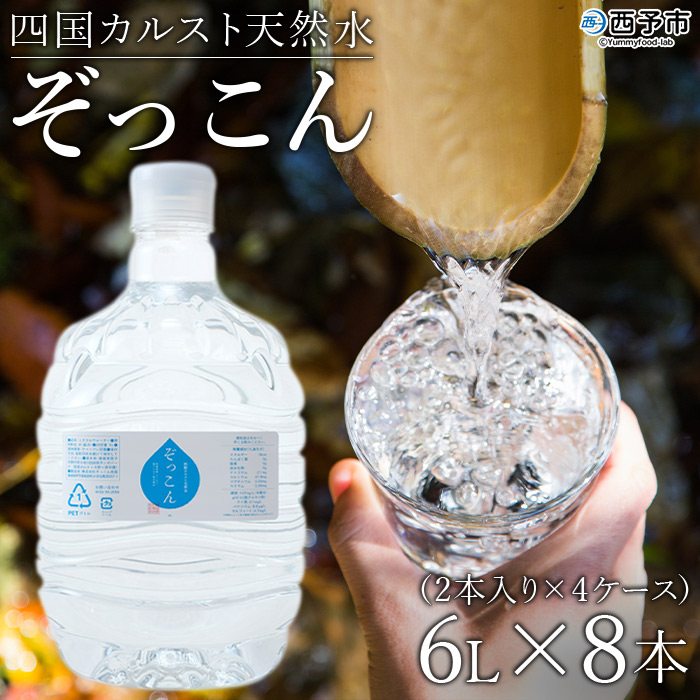 ＜四国カルスト天然水ぞっこん (6L×2本)×4ケース 計8本＞ 飲料 水 みず 中硬水 弱アルカリイオン水 ガロンボトル ウォーター バナジウム 備蓄 防災 キャンプ アウトドア 国産 特産品 ぞっこん四国 愛媛県 西予市