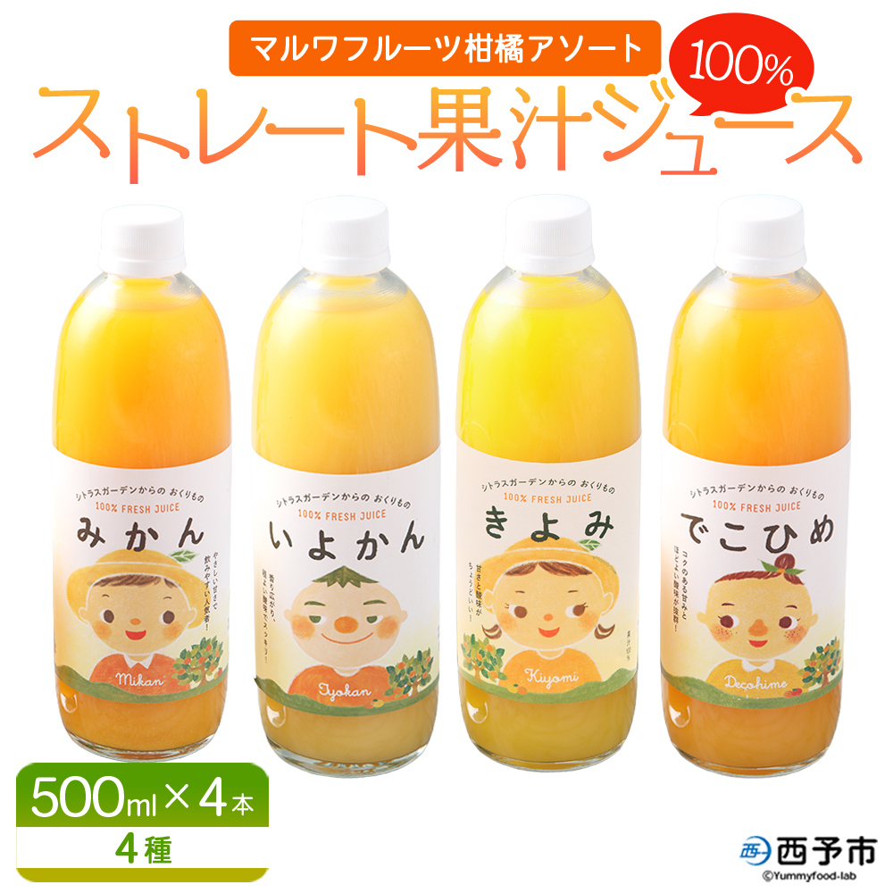 ＜マルワフルーツ柑橘アソート 100％ストレート果汁ジュース (500ml×4本) ＞ 詰め合わせ セット みかん 柑橘 フルーツ 温州みかん 伊予柑 清見 デコヒメ 特産品 宇都宮物産 愛媛県 西予市